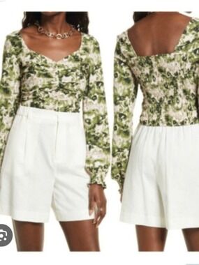 OPEN EDIT | Nordstrom Ruched Crop Top in Olive & Pink SZ S
